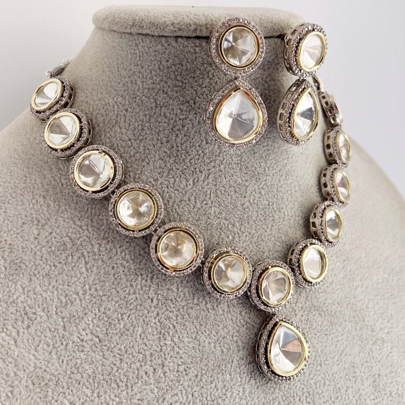 Victorian Uncut Polki Faux Diamond Necklace set - Image 5