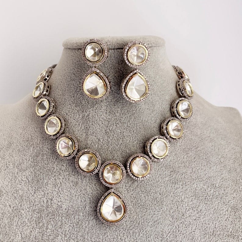 Victorian Uncut Polki Faux Diamond Necklace set - Image 6