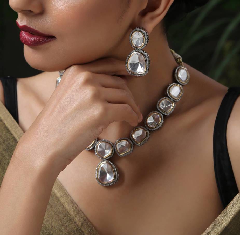 Victorian Uncut Polki Faux Diamond Necklace set - Image 3