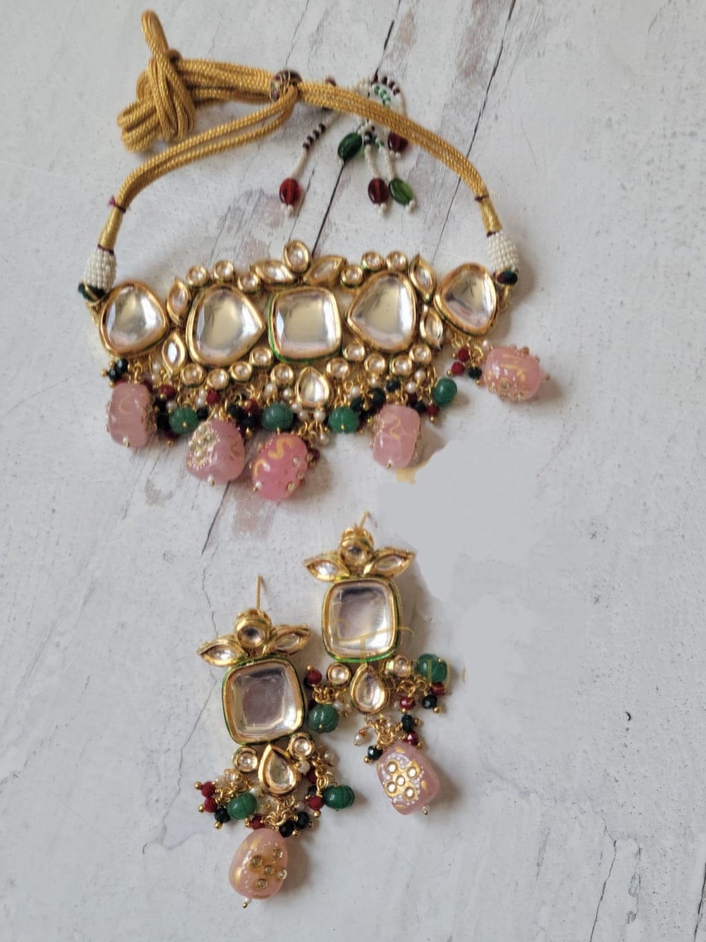 Gold-Plated White Kundan Handcrafted Choker And Earrings - Image 2