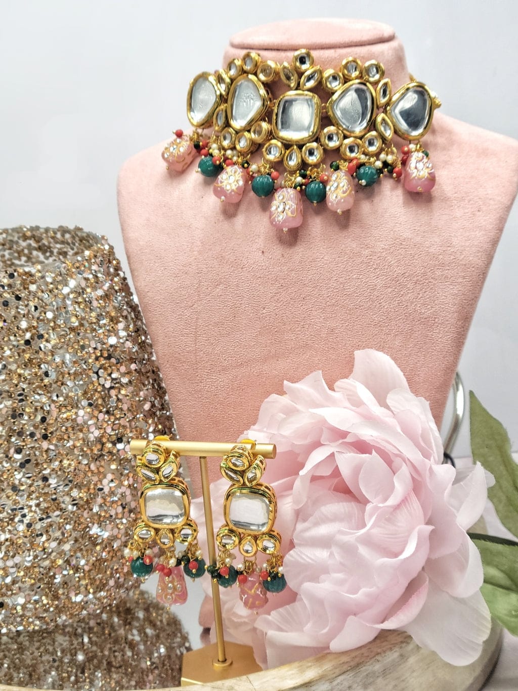 Gold-Plated White Kundan Handcrafted Choker And Earrings - Image 6