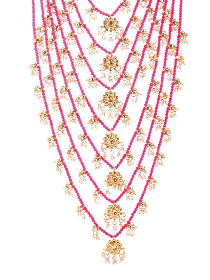 Gold Tone Pink Layered Kundan and Pearls Satlada Long Necklace With Earrings - Image 3