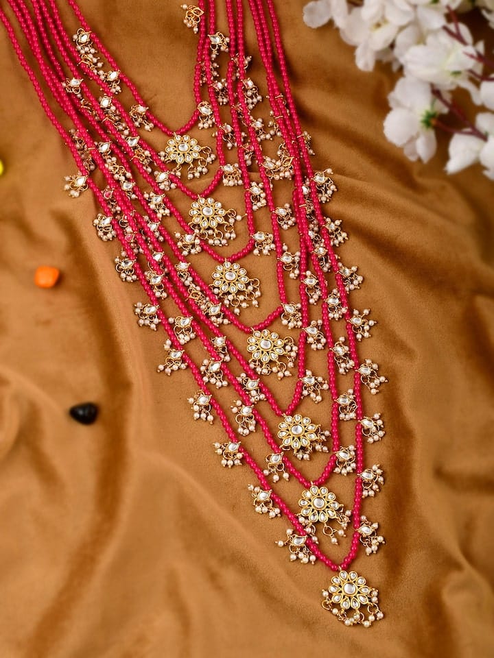 Gold Tone Pink Layered Kundan and Pearls Satlada Long Necklace With Earrings - Image 2