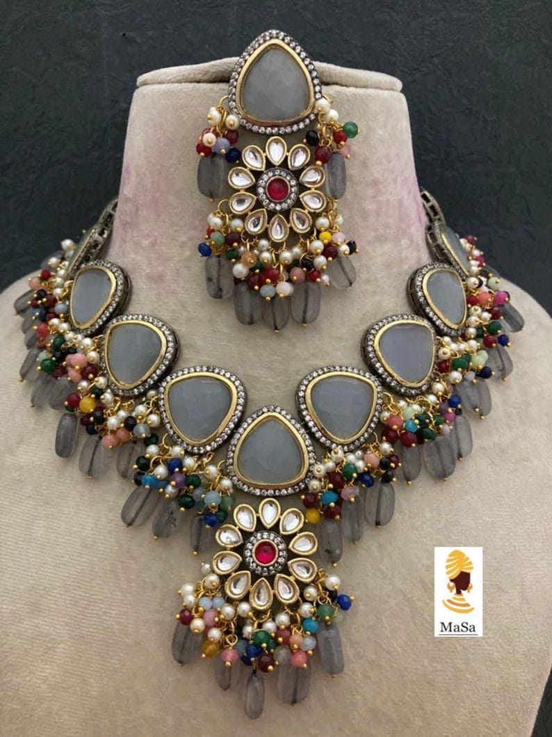 Victorian Uncut Polki Faux Diamond Necklace set - Image 3
