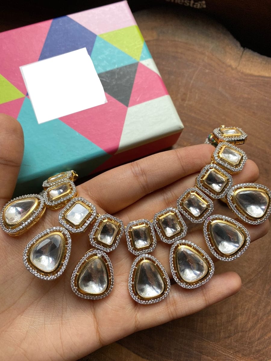 Silver Tone Polki Choker Necklace Set With Earrings - Image 2