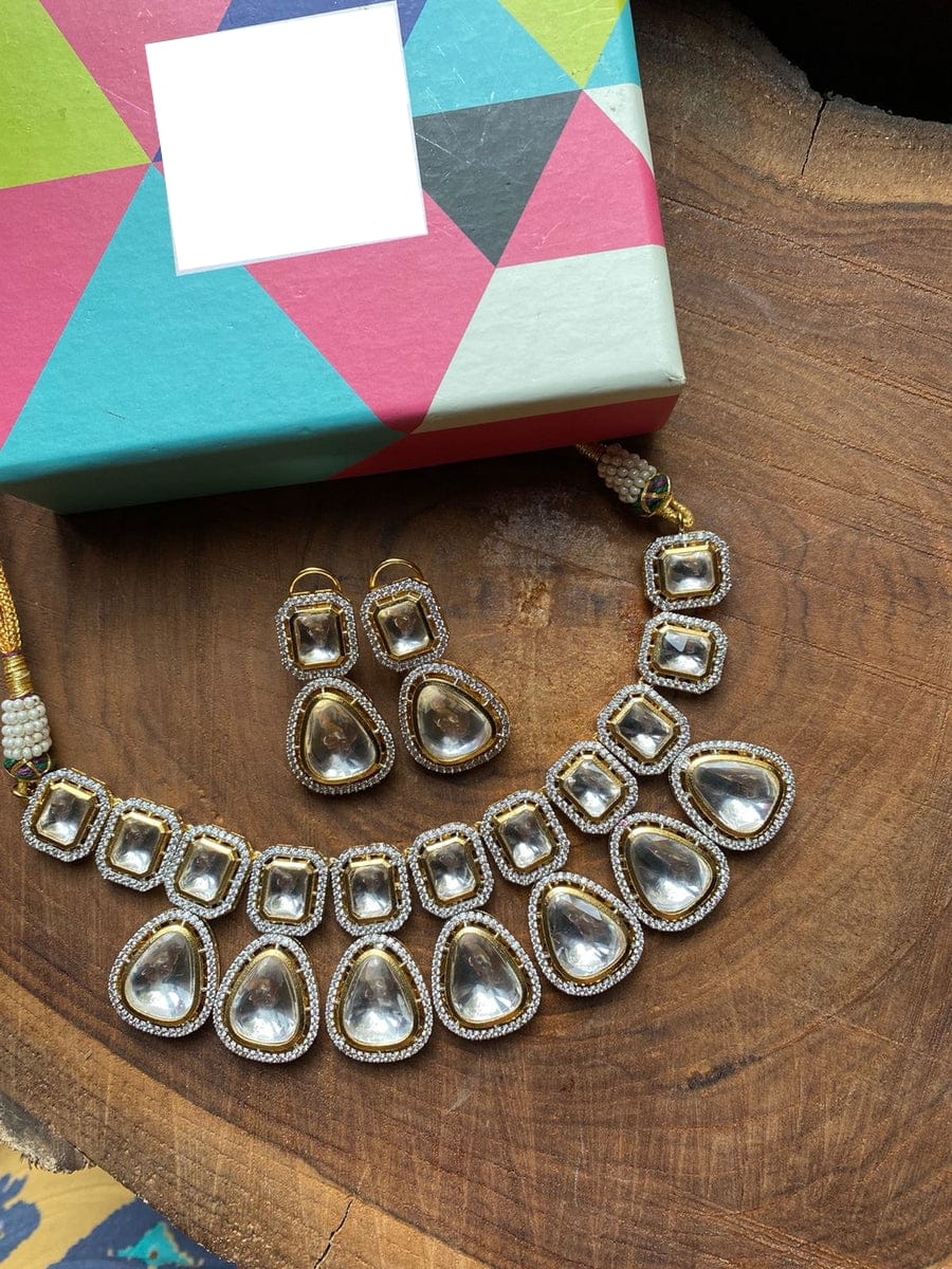 Silver Tone Polki Choker Necklace Set With Earrings
