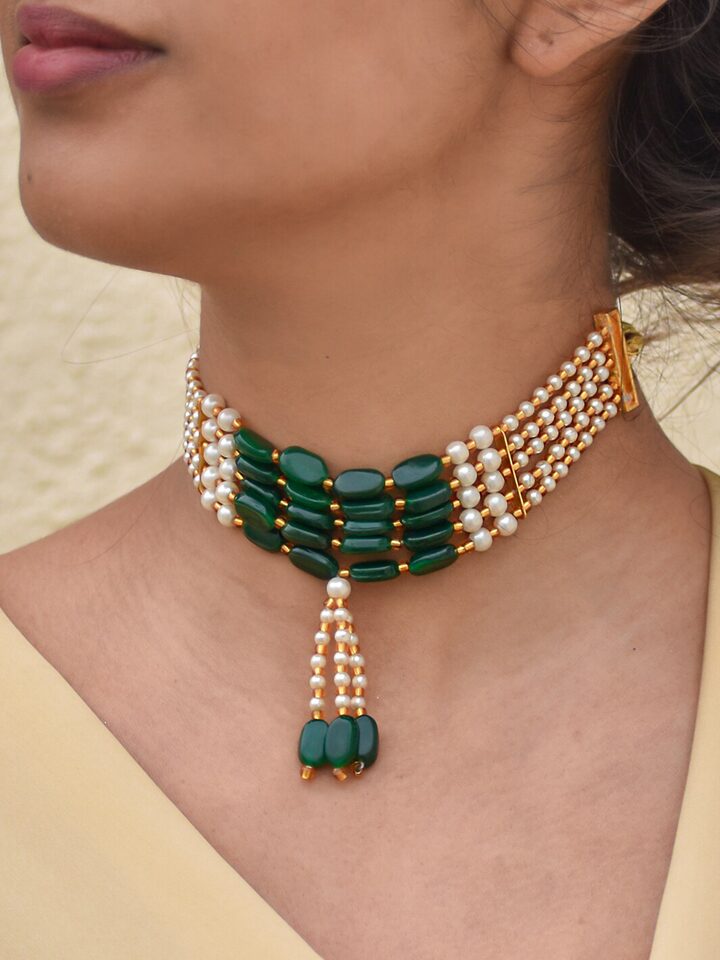Gold-Toned & Green Choker Necklace - Image 2