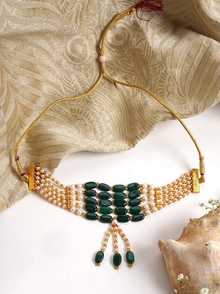 Gold-Toned & Green Choker Necklace