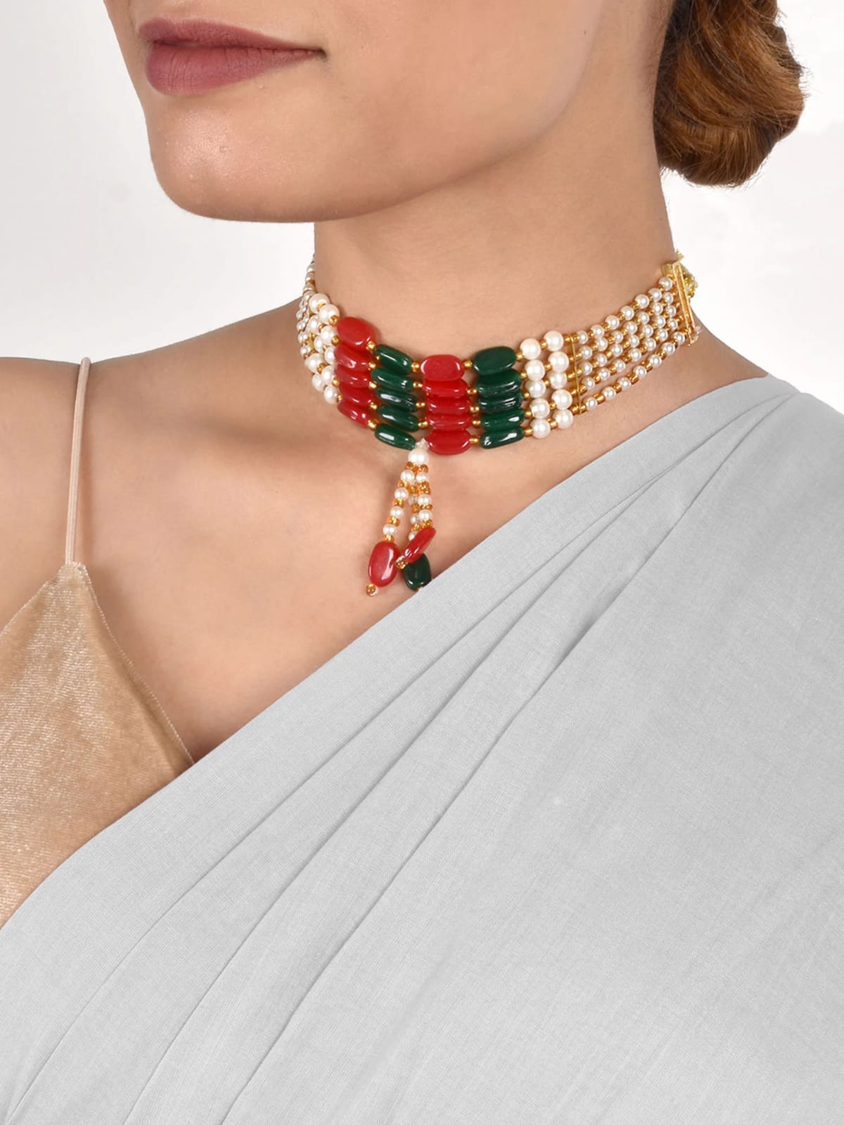 Beaded Layered Necklace Red & Green - Image 2
