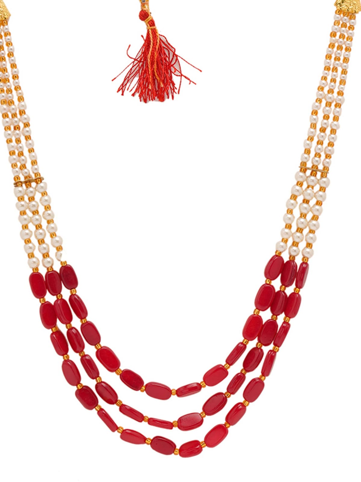 Red Gold-Plated Kundan Layered Long Necklace - Image 4