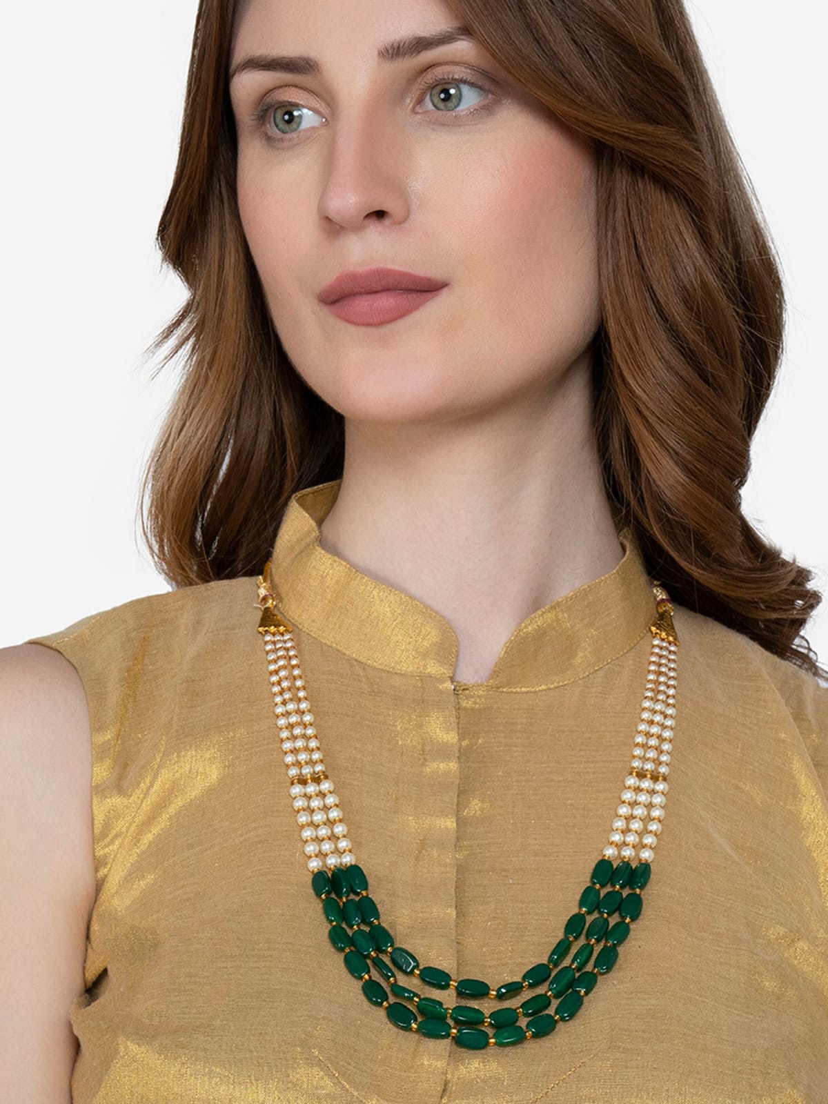 Green Gold-Plated Kundan Layered Long Necklace - Image 2