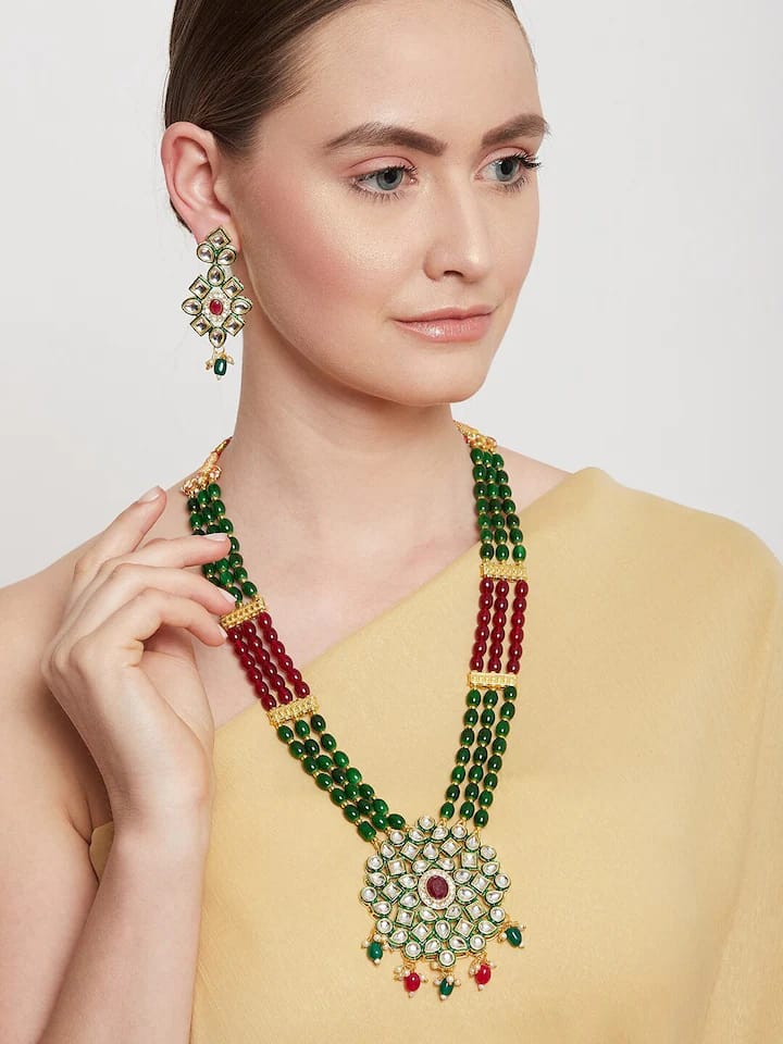 Green Red Gold Plated Designer Stone Studded Jewellery - Image 2