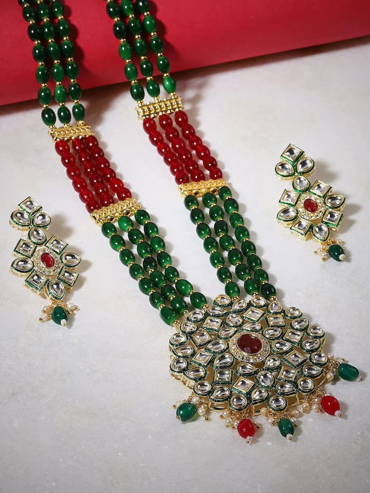 Green Red Gold Plated Designer Stone Studded Jewellery