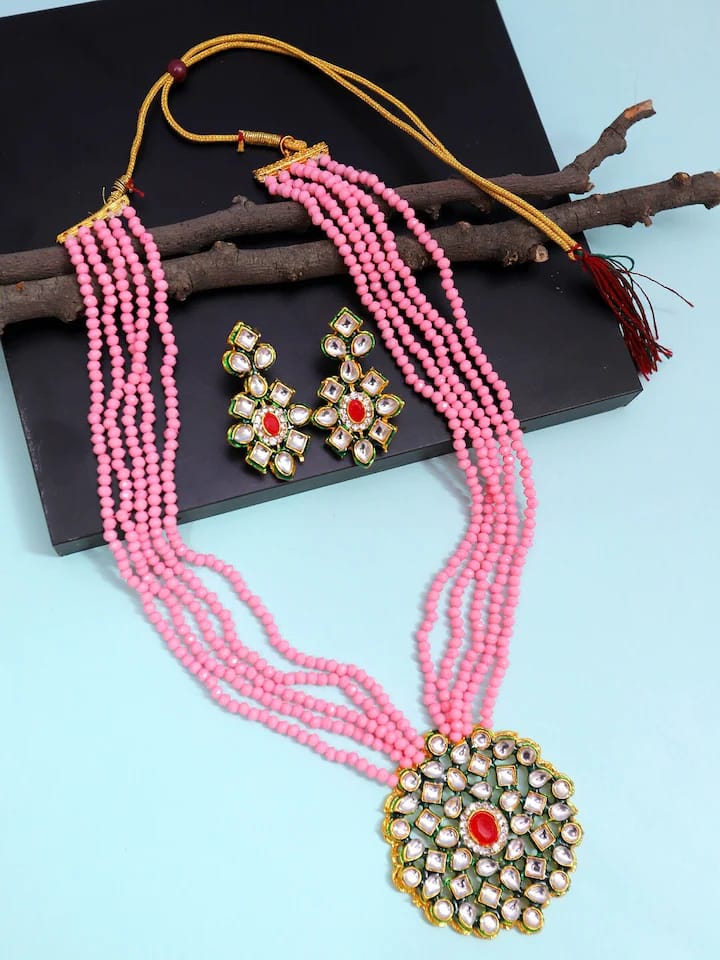 Pink Gold Plated Designer Stone Studded Jewellery - Image 2