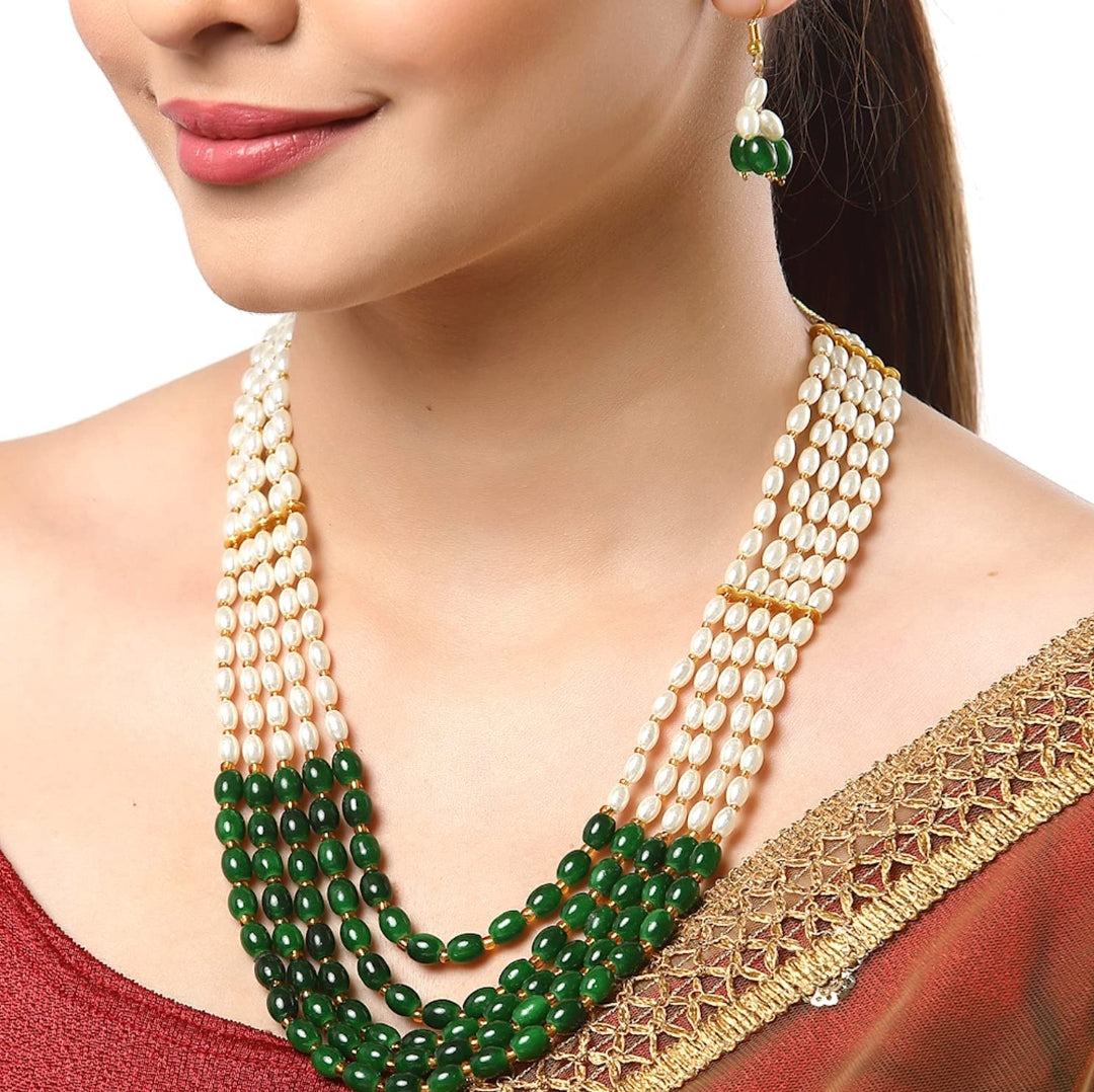 Gold-Plated Quartz & Pearls Beaded Brass Jewellery Set - Image 2