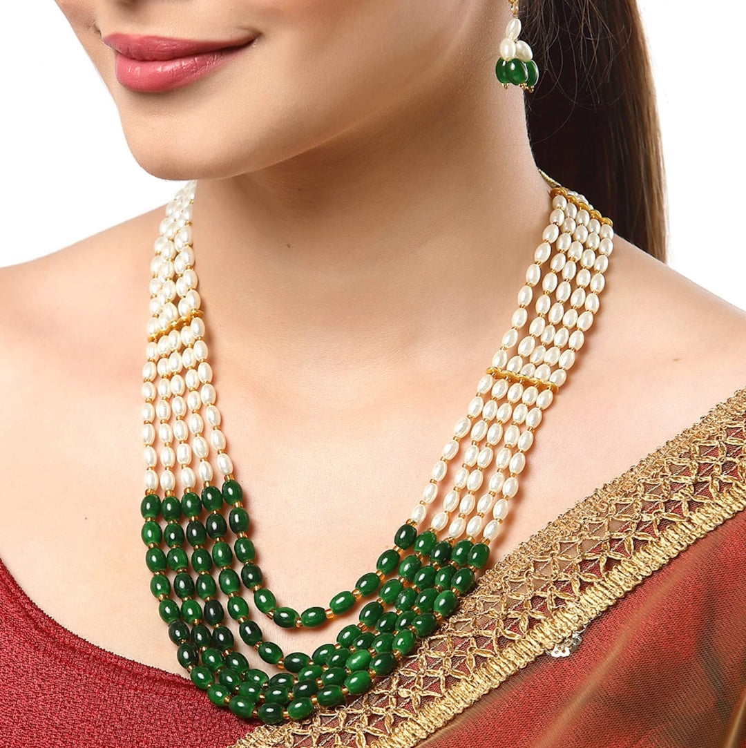 Gold-Plated Quartz & Pearls Beaded Brass Jewellery Set - Image 4