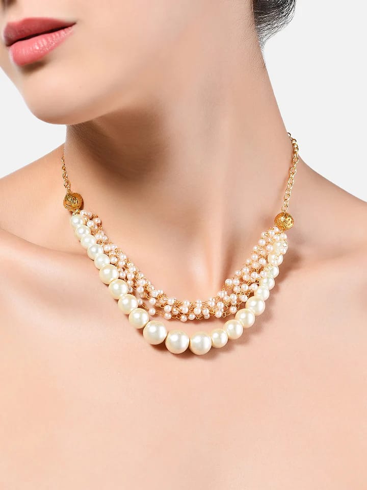 Gold-Plated Pearl-Beaded Necklace & Earrings Set - Image 5