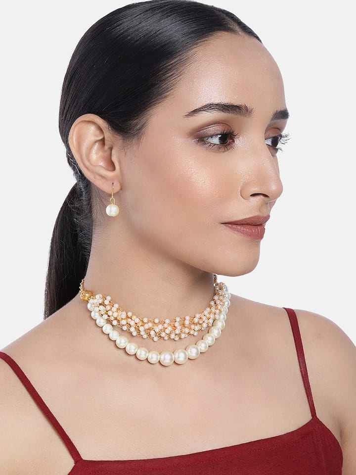 Gold-Plated Pearl-Beaded Necklace & Earrings Set - Image 2