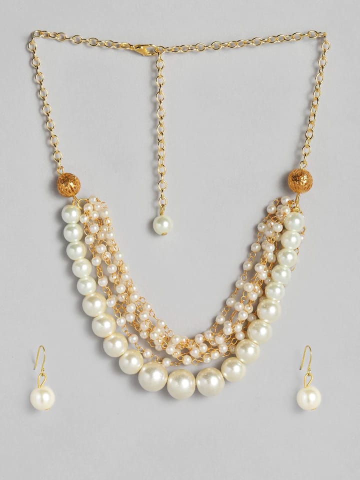 Gold-Plated Pearl-Beaded Necklace & Earrings Set - Image 3
