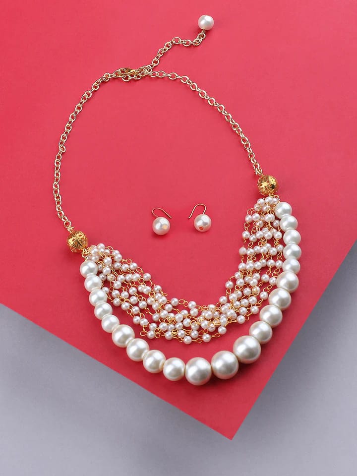 Gold-Plated Pearl-Beaded Necklace & Earrings Set