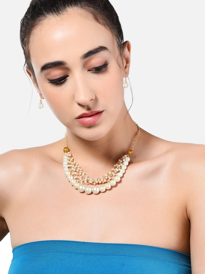Gold-Plated Pearl-Beaded Necklace & Earrings Set - Image 4