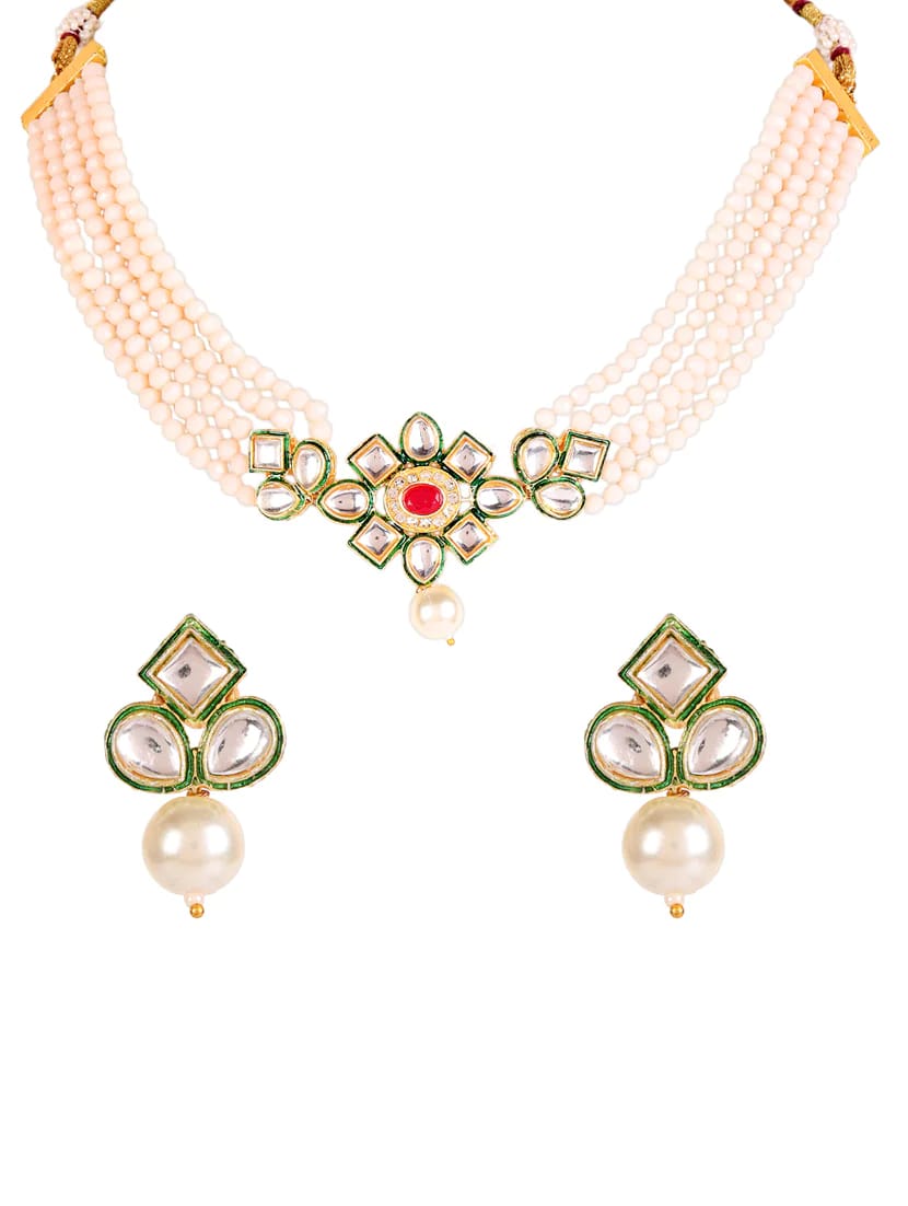 Gold-Plated Pearl-Beaded Necklace & Earrings Set - Image 3