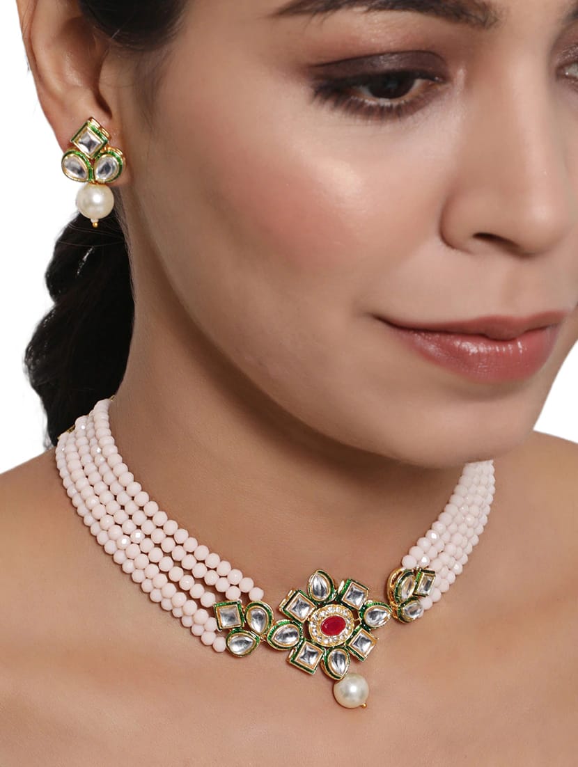 Gold-Plated Pearl-Beaded Necklace & Earrings Set - Image 2