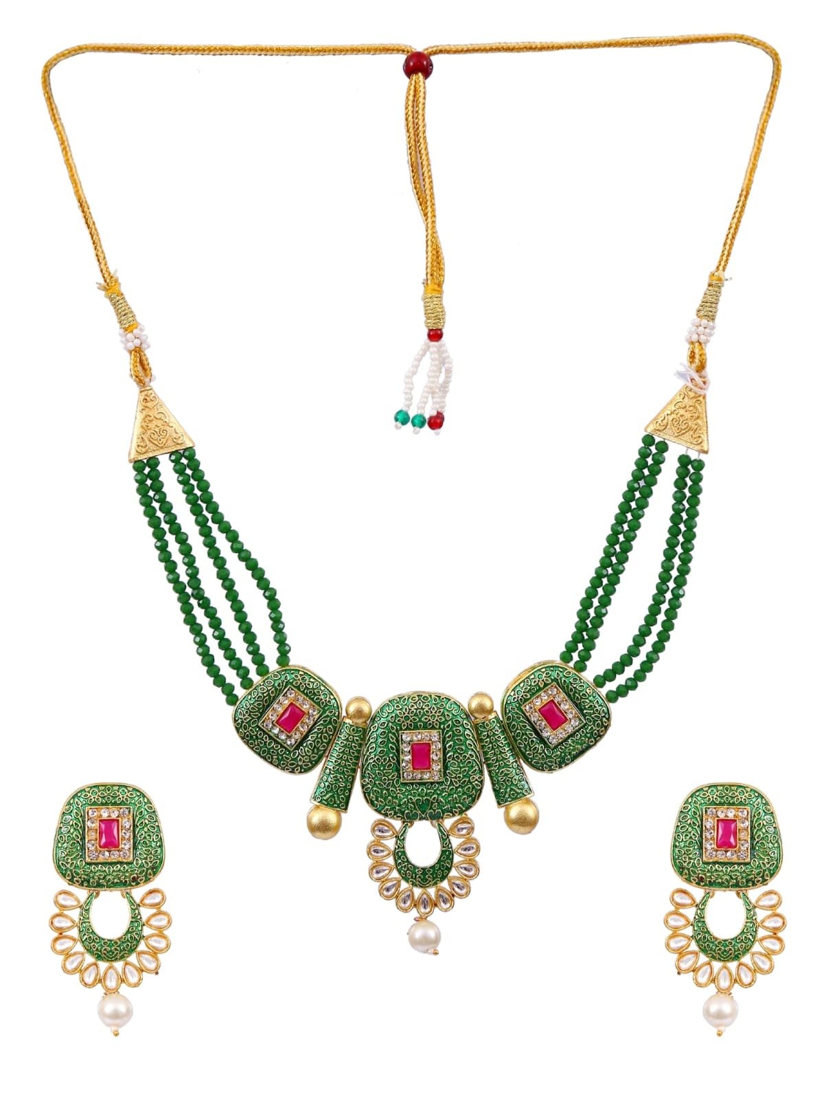 Gold Plated Green Meenakari Kundan Jewellery Set - Image 3