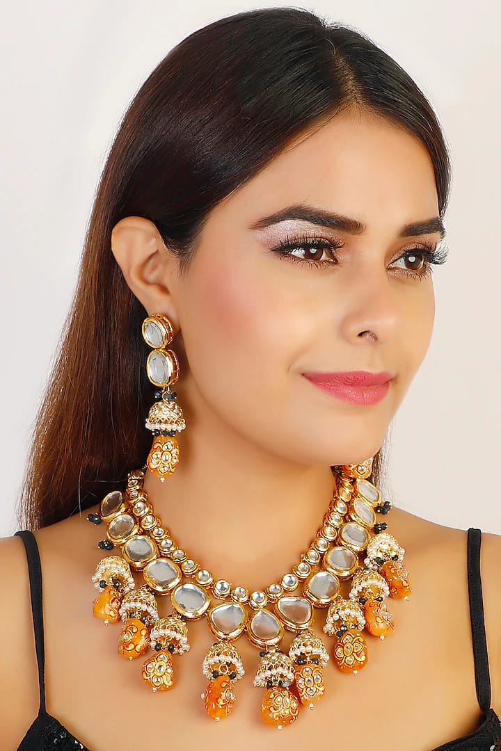 Gold Plated Kundan Pendant Drop Choker Set - Image 2