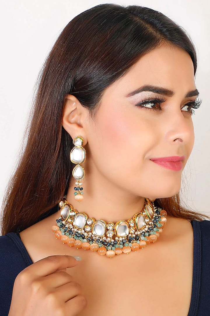 Gold Plated Kundan Pendant Drop Choker Set - Image 2