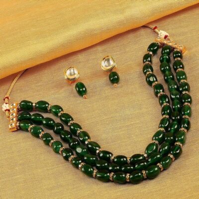Gold-Plated Green Beaded Kundan Studded Jewellery Set