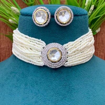 Silver-Plated Polki Pearl-Beaded Choker Necklace & Earrings Set