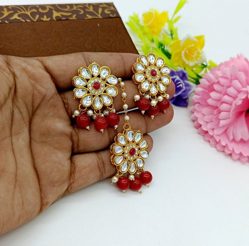 Gold Plated Kundan Polki Necklace Set - Image 2