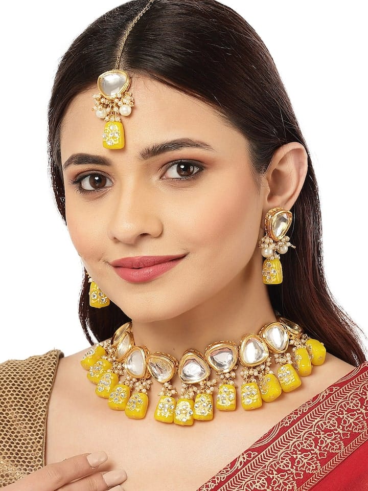 Gold Plated Kundan Polki Necklace Set - Image 3