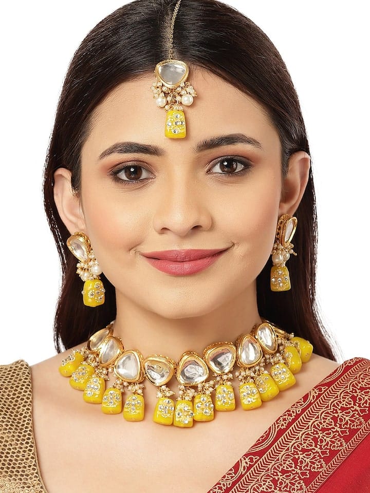 Gold Plated Kundan Polki Necklace Set - Image 2