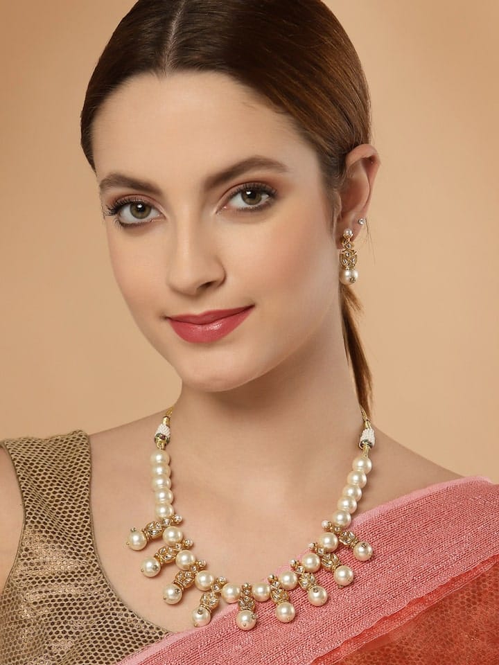Gold Plated Kundan Polki Necklace Set - Image 2