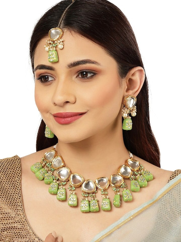 Gold Plated Kundan Polki Necklace Set - Image 3