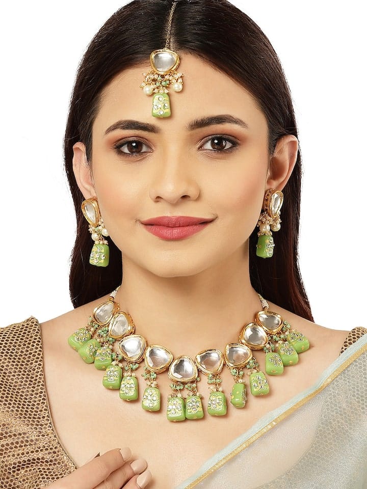 Gold Plated Kundan Polki Necklace Set - Image 2