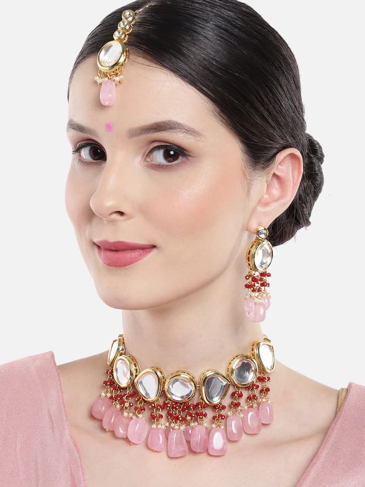 Gold Plated Kundan Polki Necklace Set - Image 2