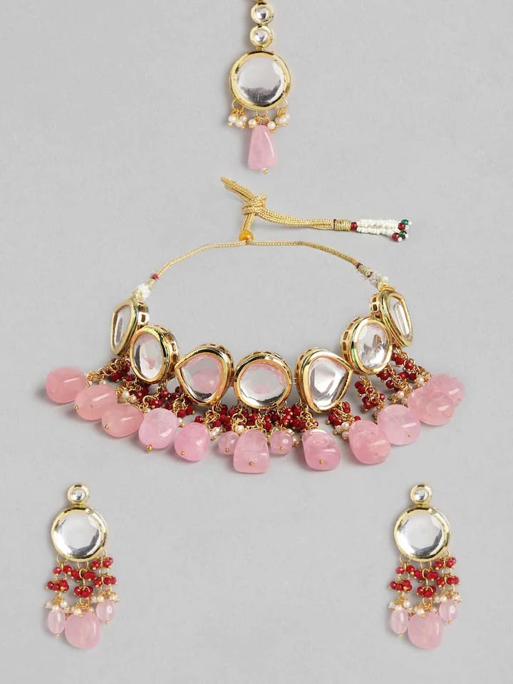 Gold Plated Kundan Polki Necklace Set - Image 3