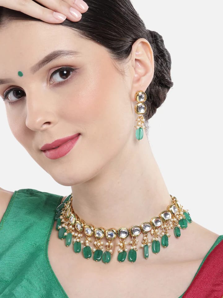 Gold Plated Kundan Polki Necklace Set - Image 2
