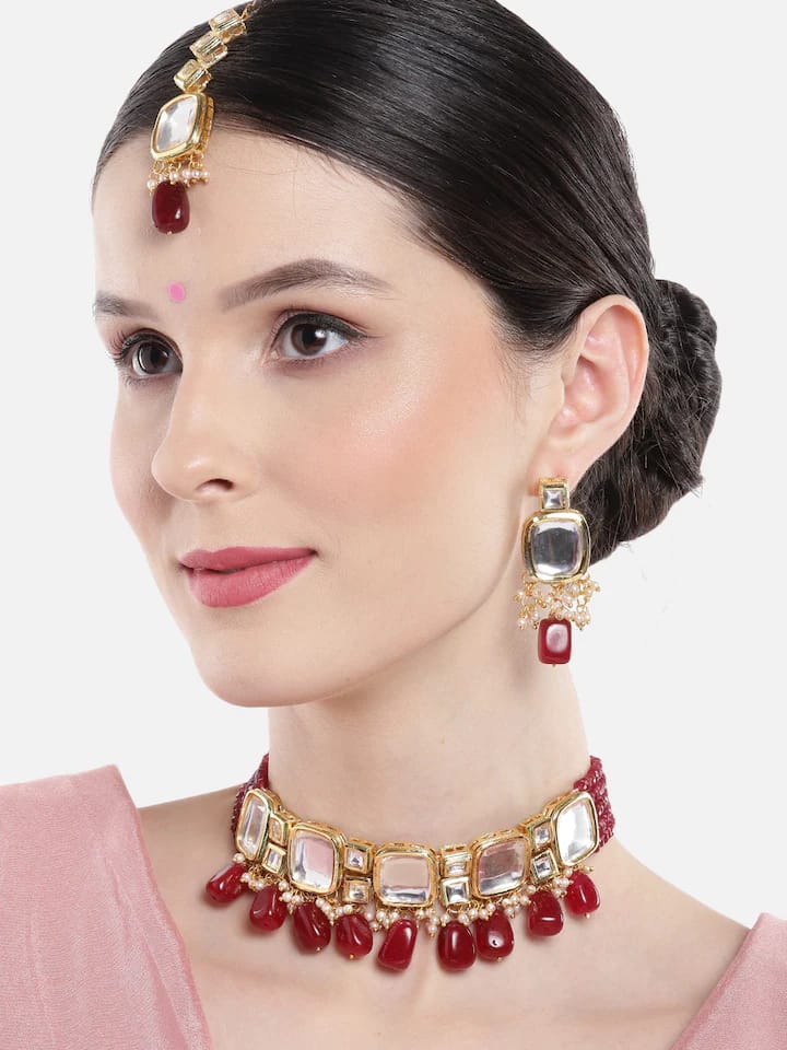 Gold Plated Kundan Polki Necklace Set - Image 2