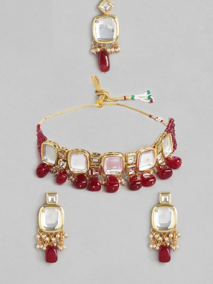 Gold Plated Kundan Polki Necklace Set - Image 3