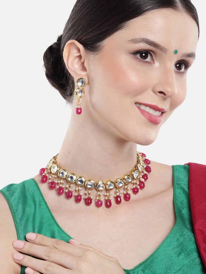 Gold Plated Kundan Polki Necklace Set - Image 2