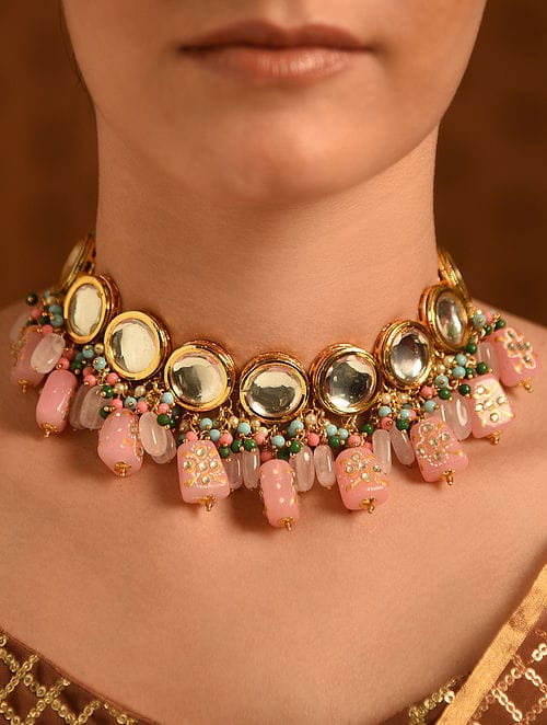 Gold Plated Kundan Polki Necklace Set - Image 2