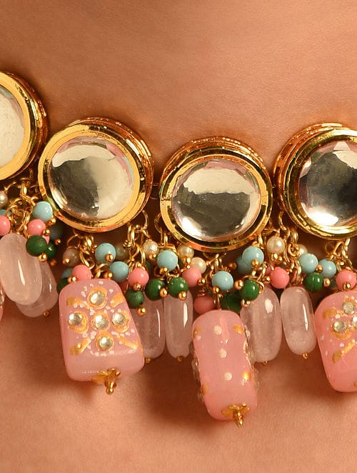 Gold Plated Kundan Polki Necklace Set - Image 3