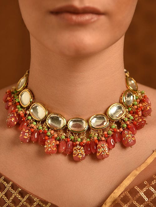Gold Plated Kundan Polki Necklace Set - Image 2