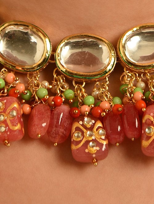 Gold Plated Kundan Polki Necklace Set - Image 3