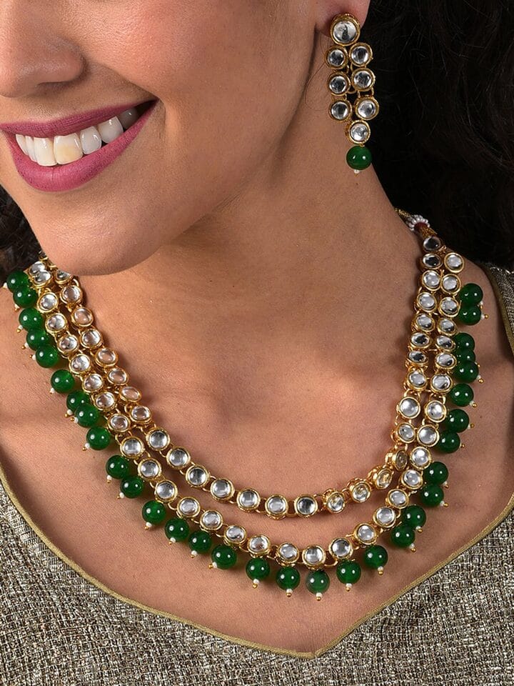Gold Plated Kundan Polki Necklace Set - Image 2
