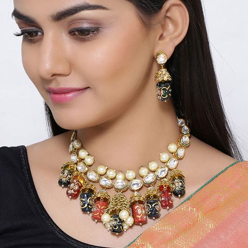 Gold Plated Kundan Polki Necklace Set - Image 2